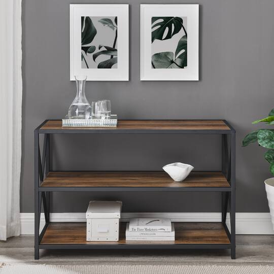 Walker Edison Rustic Oak X-Frame Industrial Wood Bookshelf